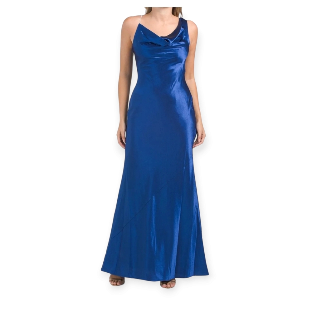 AIDAN MATTOX Crystal Strap Silky Royal Blue Gown Size 16 NWT